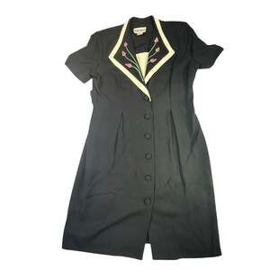 Vintage 90s S.L. Fashions Petites Black Dress with Rose Embroidery Size 12P